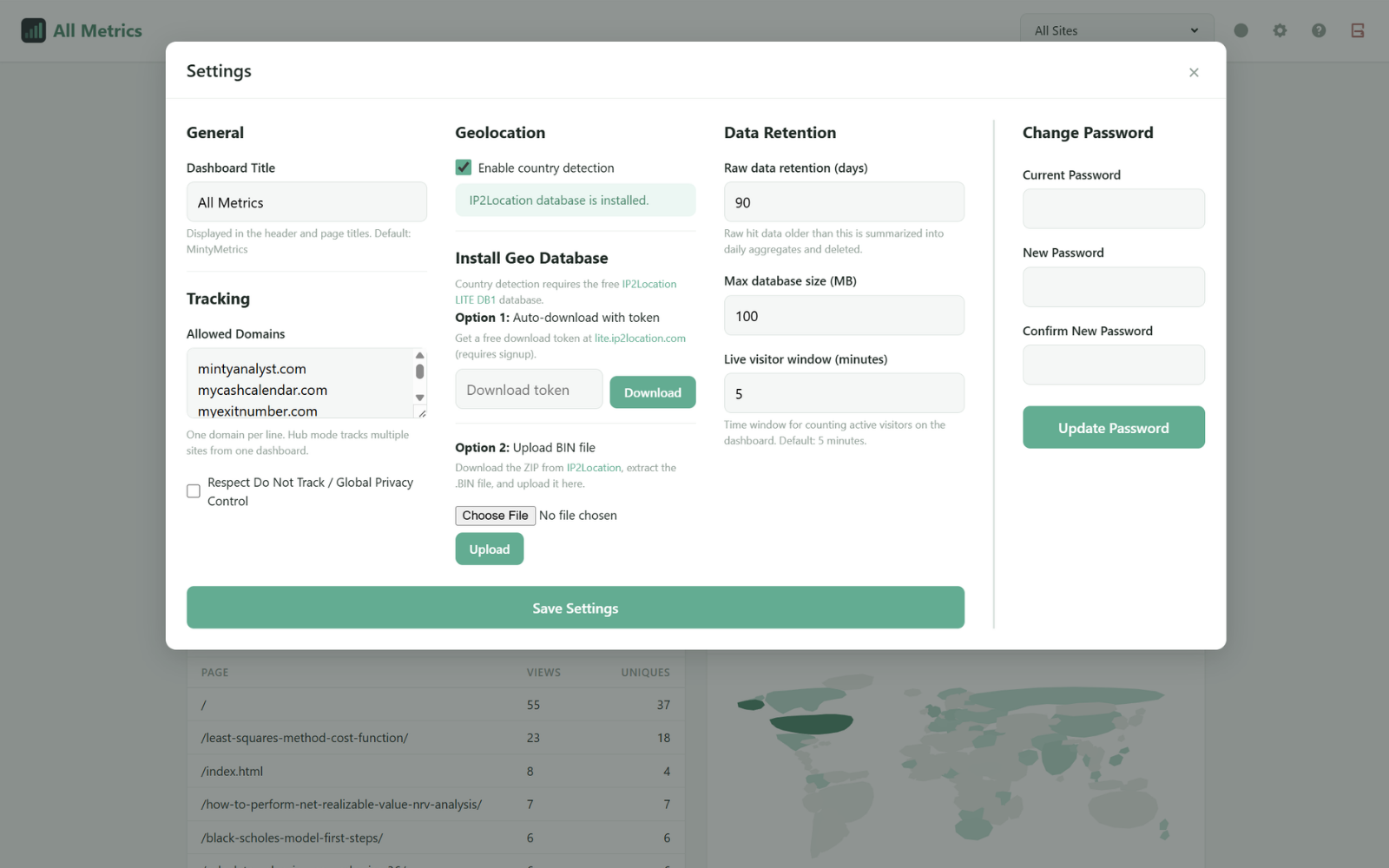MintyMetrics settings panel showing general config, geolocation setup, data retention controls, and password management